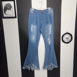 Vintage Blue Flare Jeans with Frayed Hem